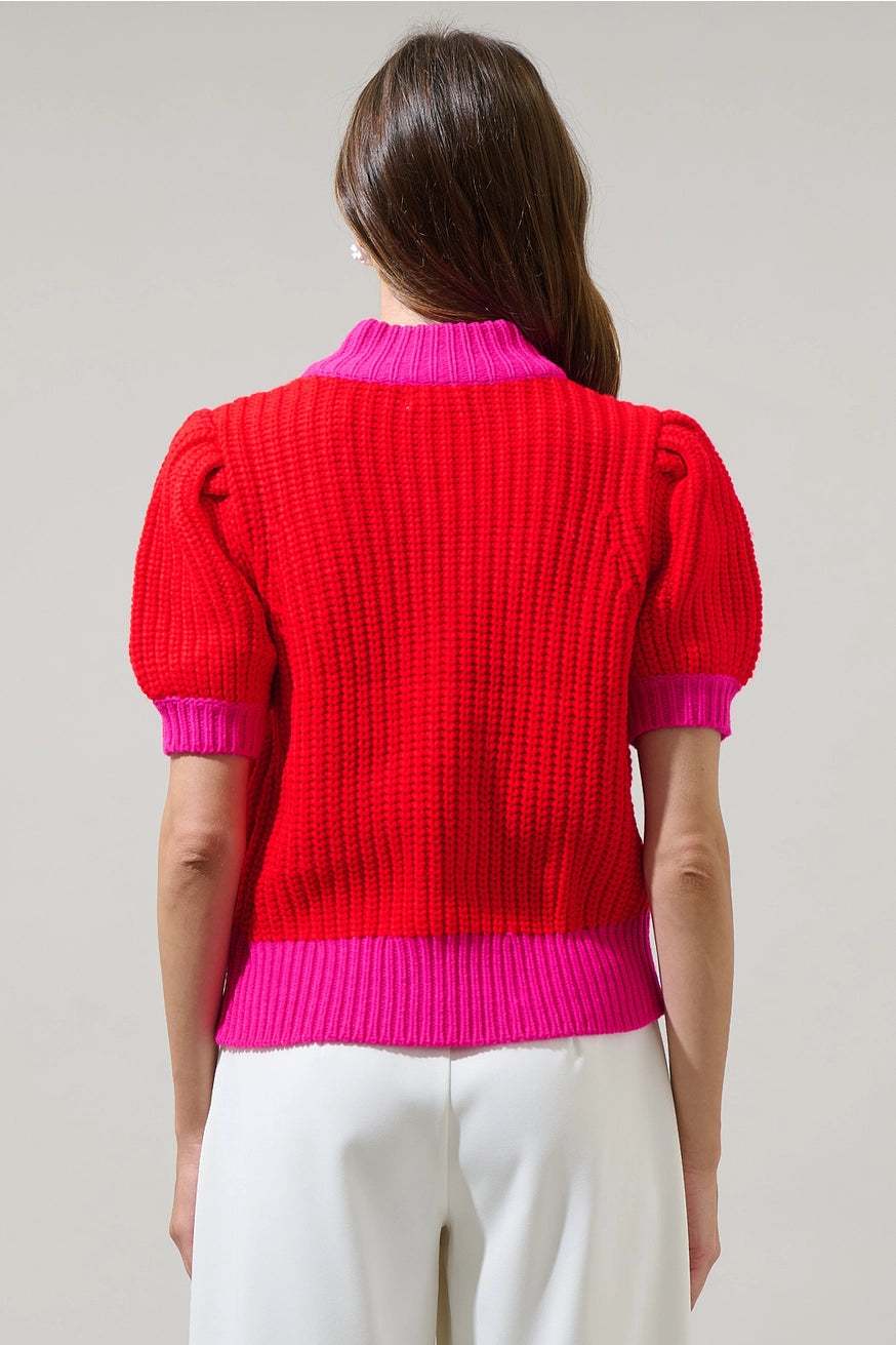 Red and Fuchsia Color Block Sweater Top