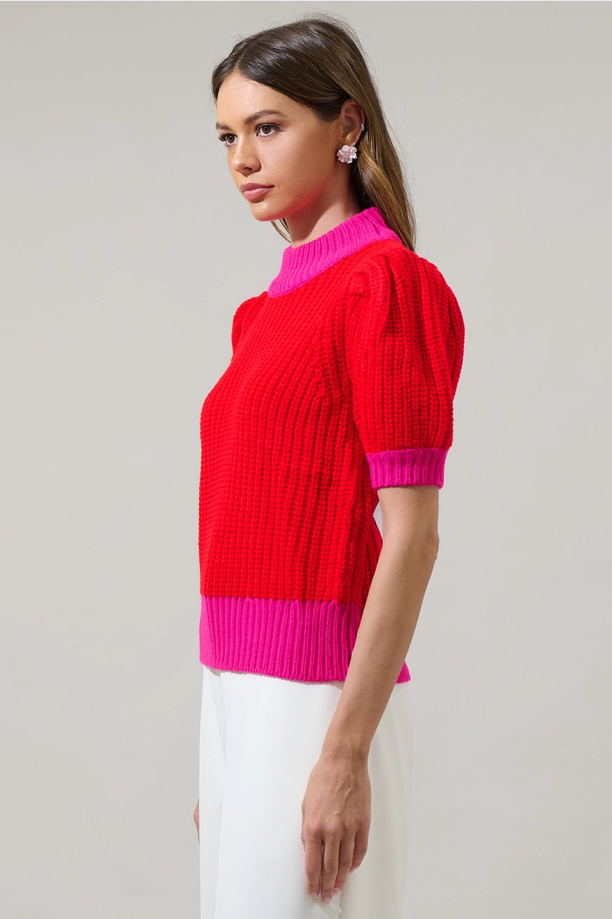 Red and Fuchsia Color Block Sweater Top