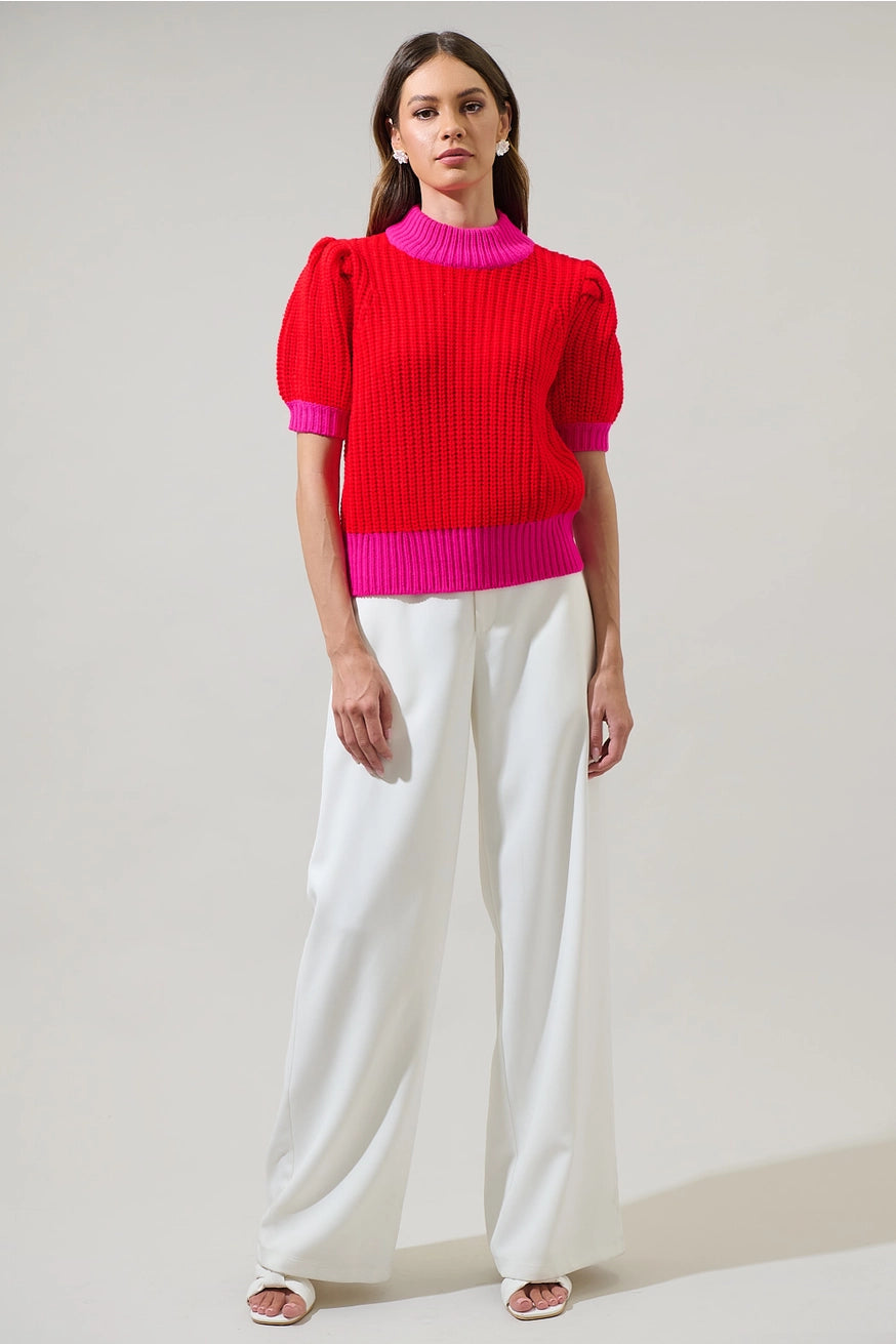 Red and Fuchsia Color Block Sweater Top