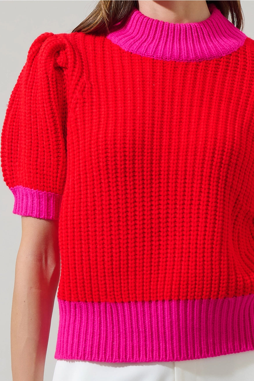 Red and Fuchsia Color Block Sweater Top