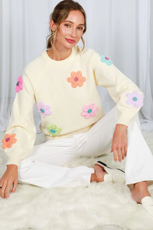 Flower Embroidered Crew Neck Sweater