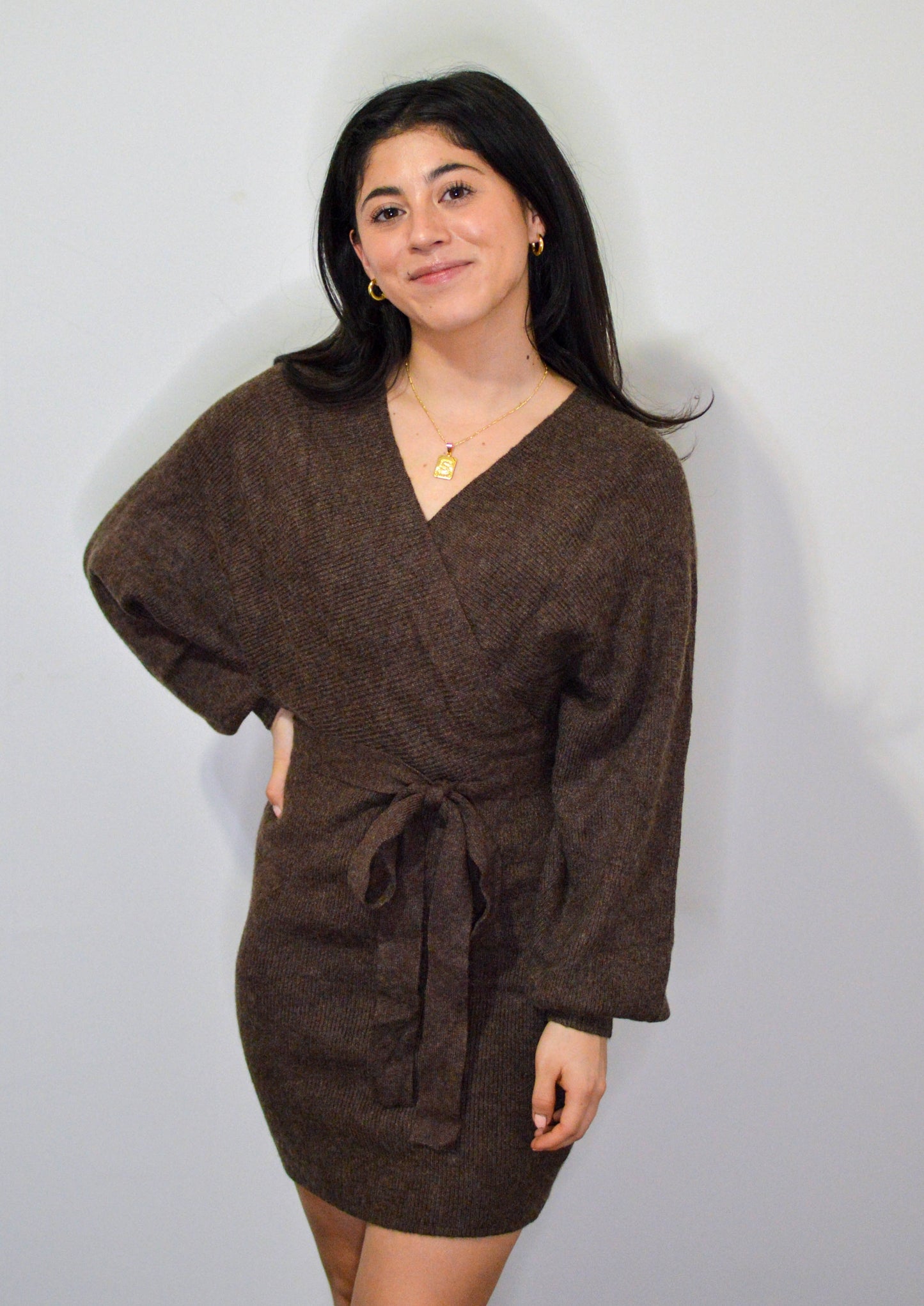 Brown Mini Wrap Sweater Dress
