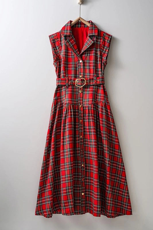 Red Plaid Belted A Line Dress