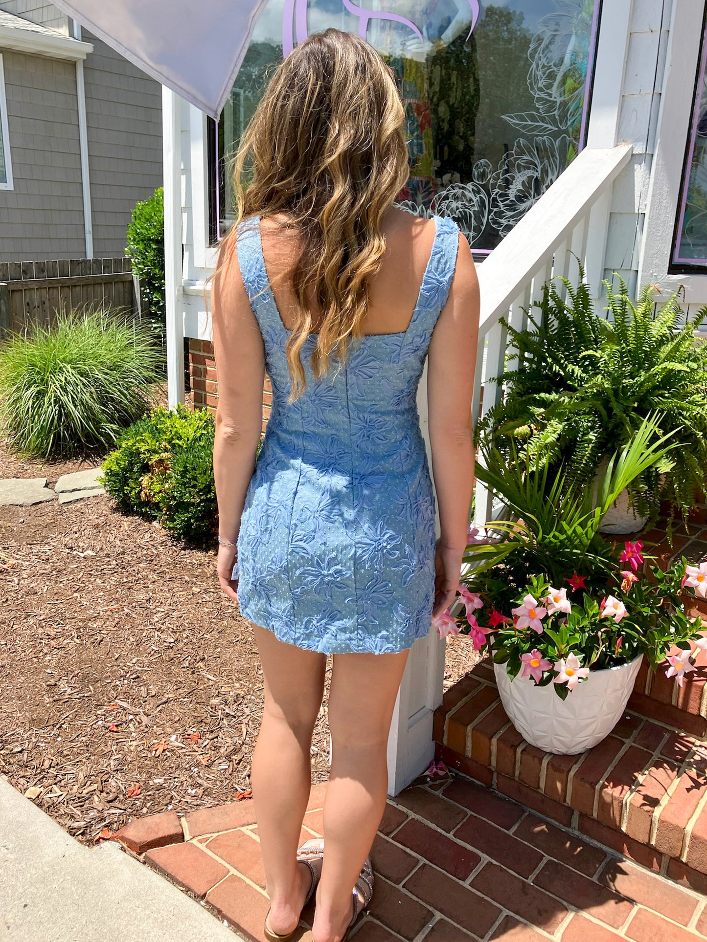 Denim Blue Floral Design Mini Dress