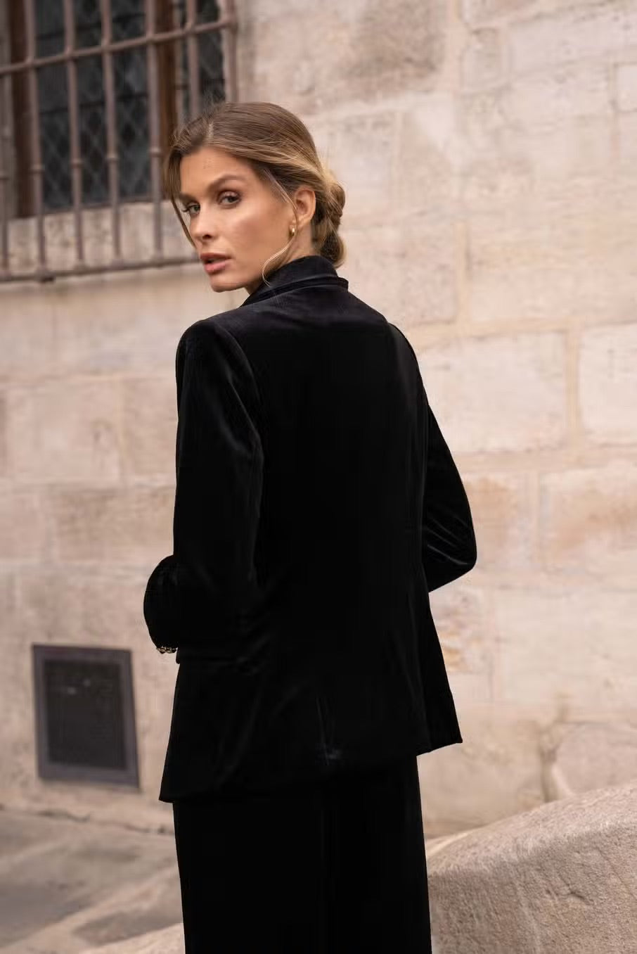 Parisian Black Velvet Fitted Blazer with Gold Buttons