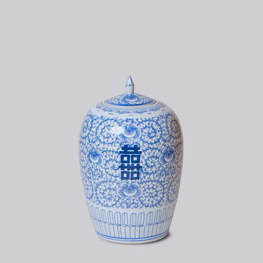 Double Happiness Blue and White Porcelain Finial Jar