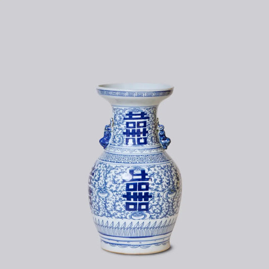 Medium Blue and White Porcelain Double Happiness Temple Jar