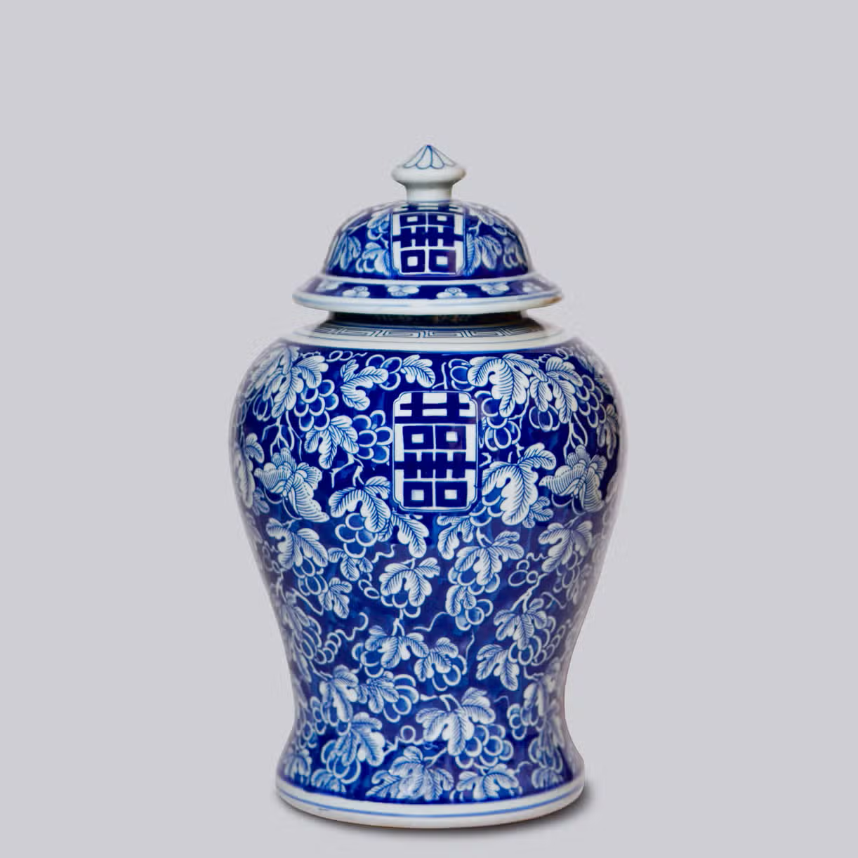 Double Happiness Grapes Blue and White Temple Jar