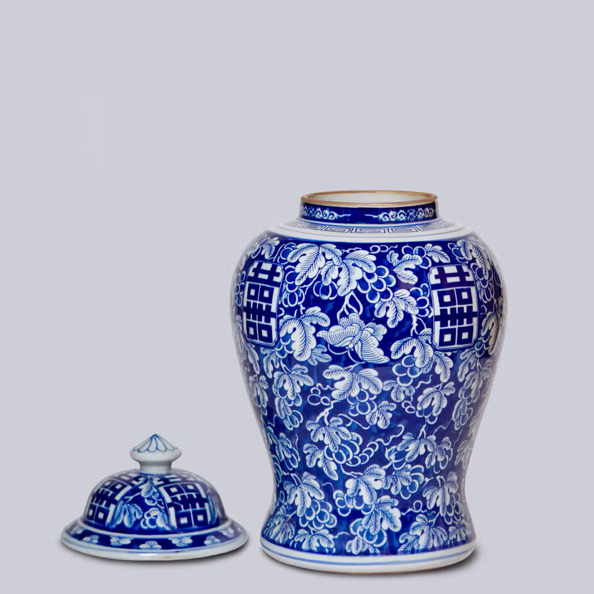 Double Happiness Grapes Blue and White Temple Jar