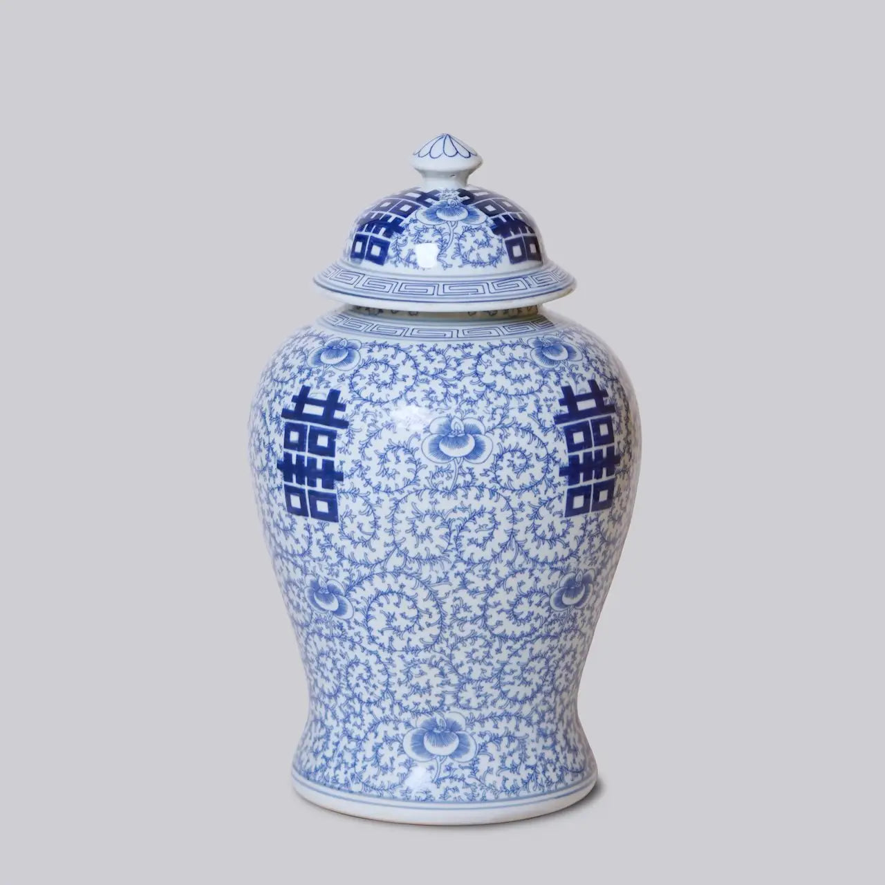 Double Happiness/Scrolling Peony Blue and White Temple Jar