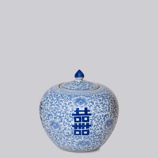 Double Happiness Scrolling Peony Squat Blue and White Jar