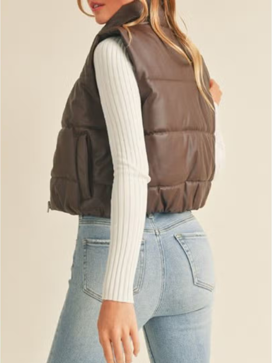 Brown Faux Leather Zip Up Puffer Vest