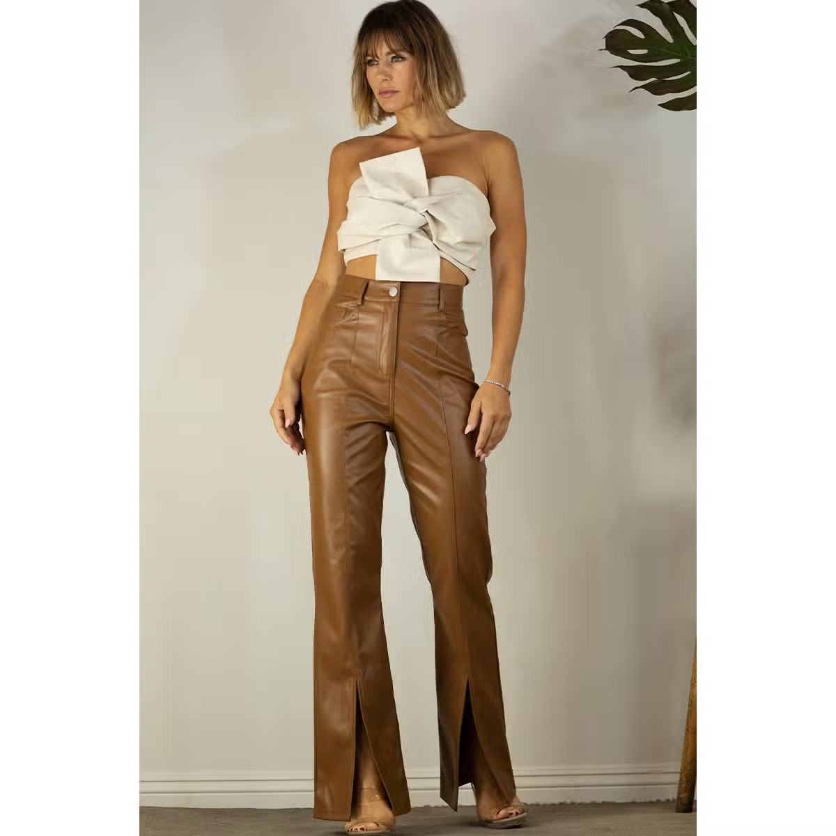 Brown Faux Leather Front Slit Flare Pants
