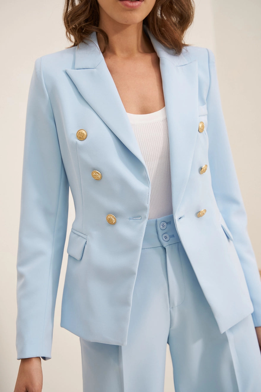 Parisian Sky Blue Fitted Blazer With Gold Buttons