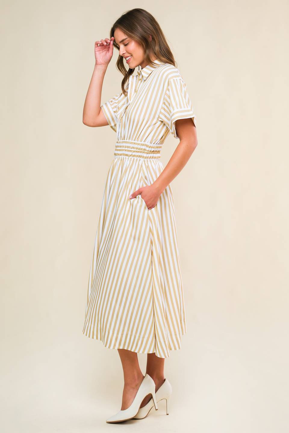 Ivory Striped Woven Midi Dress with Pockets