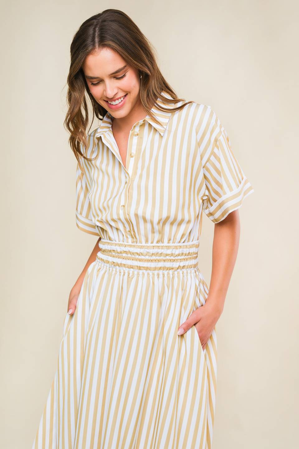 Ivory Striped Woven Midi Dress with Pockets