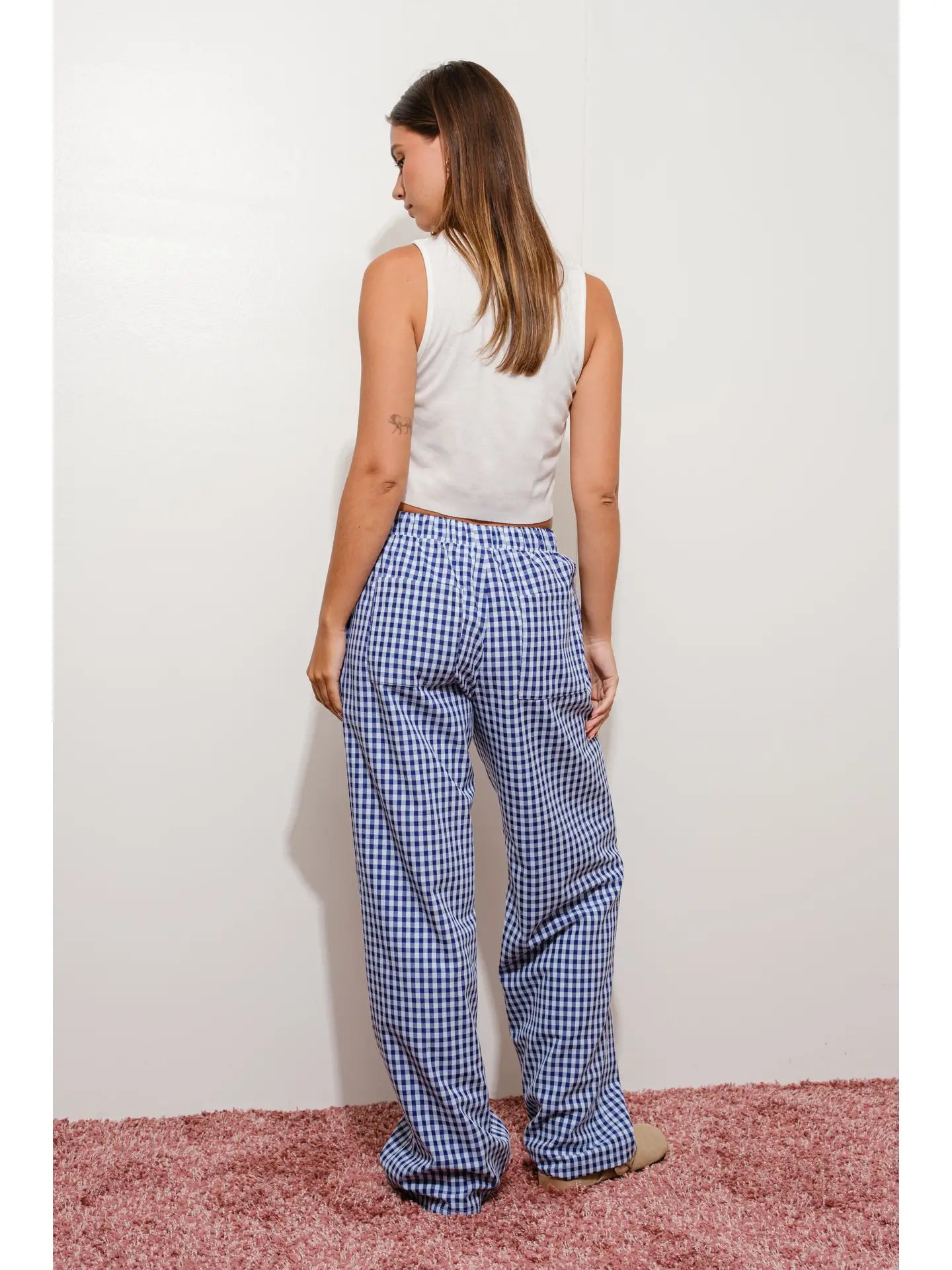 Blue and White Gingham Relaxed Pants