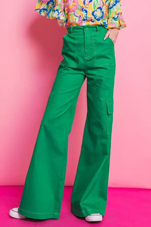 Green Wide Leg Flare Cargo Pants