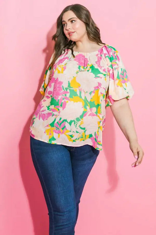 Green Pink Floral Curvy Fit Blouse