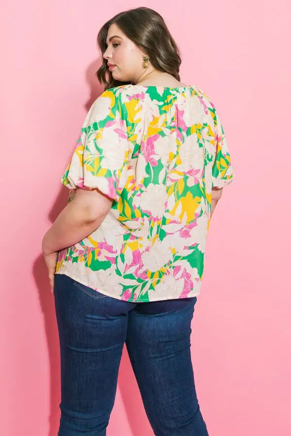 Green Pink Floral Curvy Fit Blouse