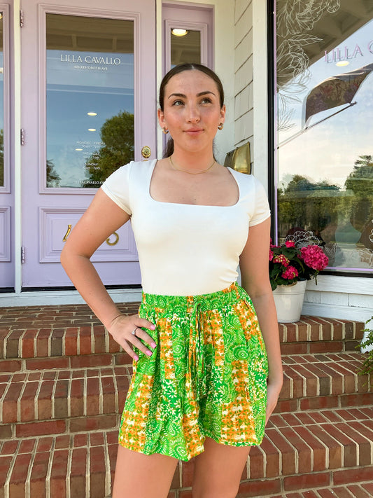 Green and Orange Printed Flowy Shorts