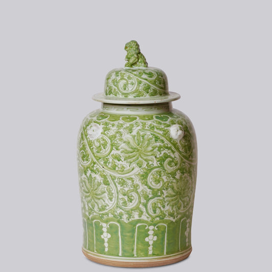 Green and White Porcelain Lotus Temple Jar