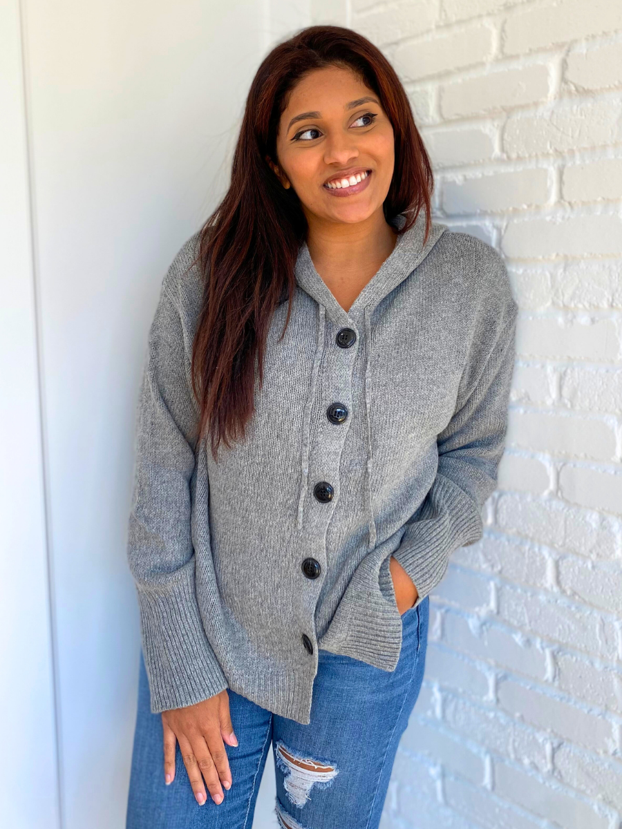 Grey Button Down Hooded Sweater Cardigan