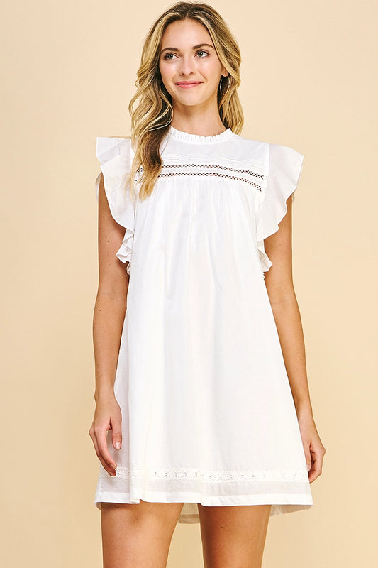 White High Neck Ruffle Sleeve Tunic Mini Dress