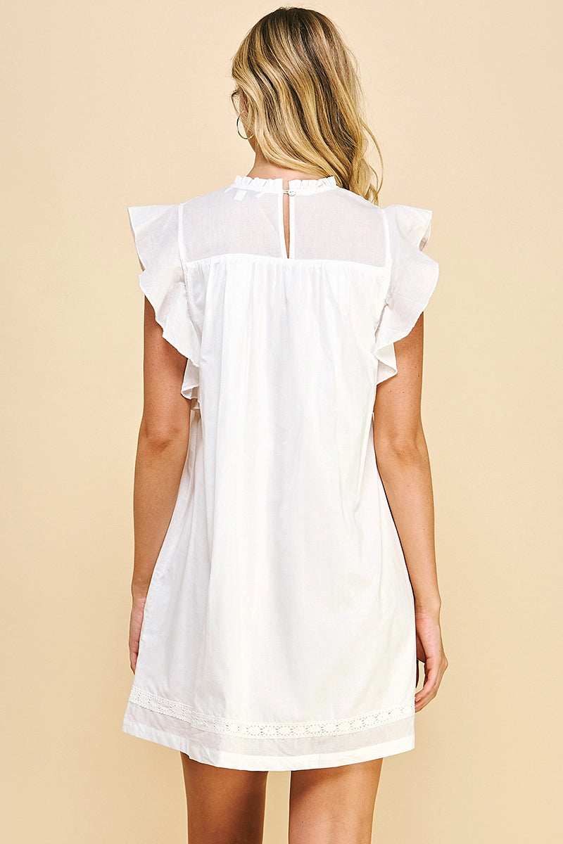 White High Neck Ruffle Sleeve Tunic Mini Dress