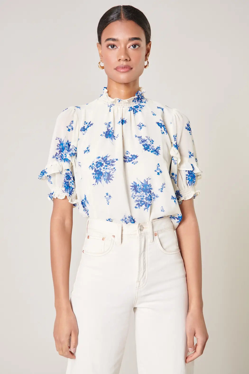 White and Blue Floral Smocked Mock Neck Blouse