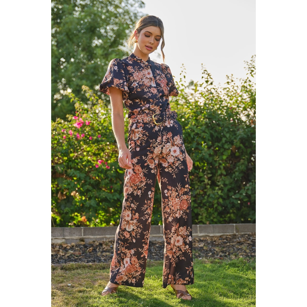 High Waist Floral Print Wide Pants with Belt