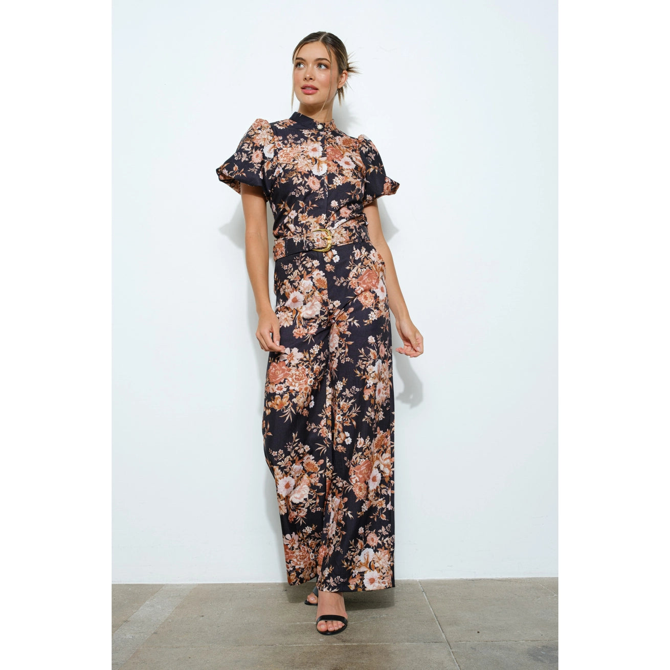 High Waist Floral Print Wide Pants with Belt