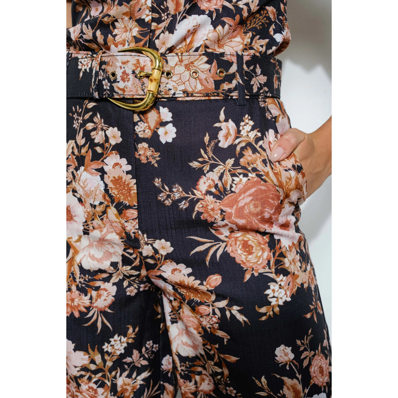 High Waist Floral Print Wide Pants with Belt