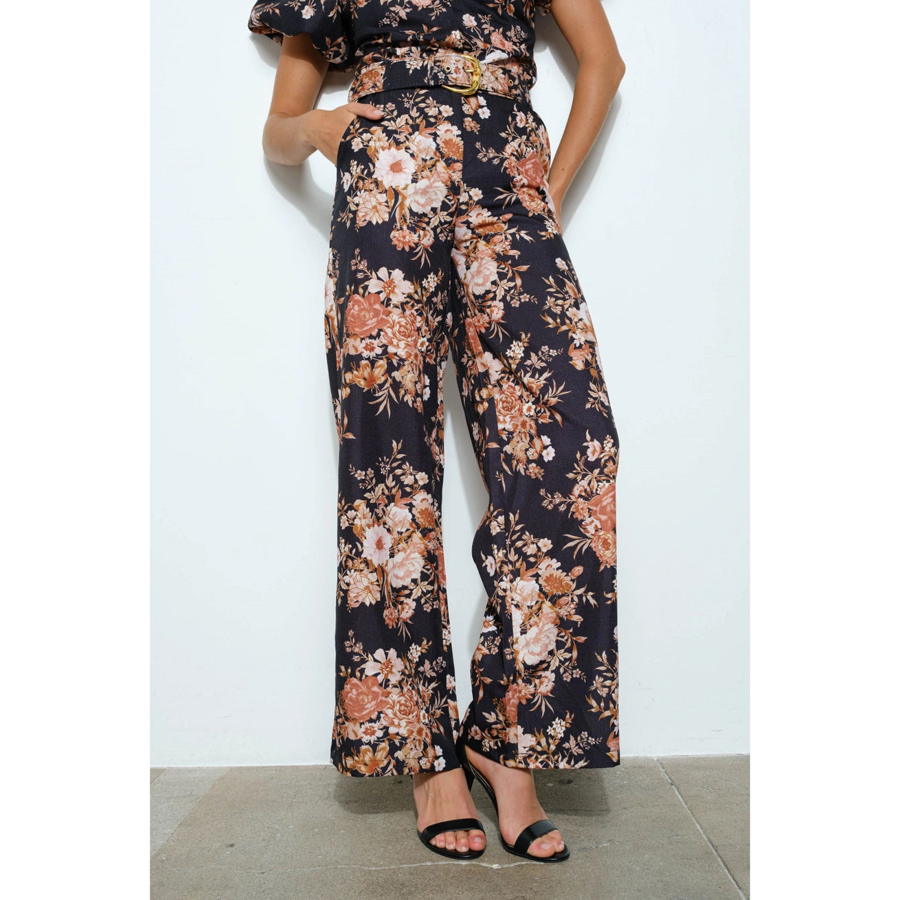 High Waist Floral Print Wide Pants with Belt