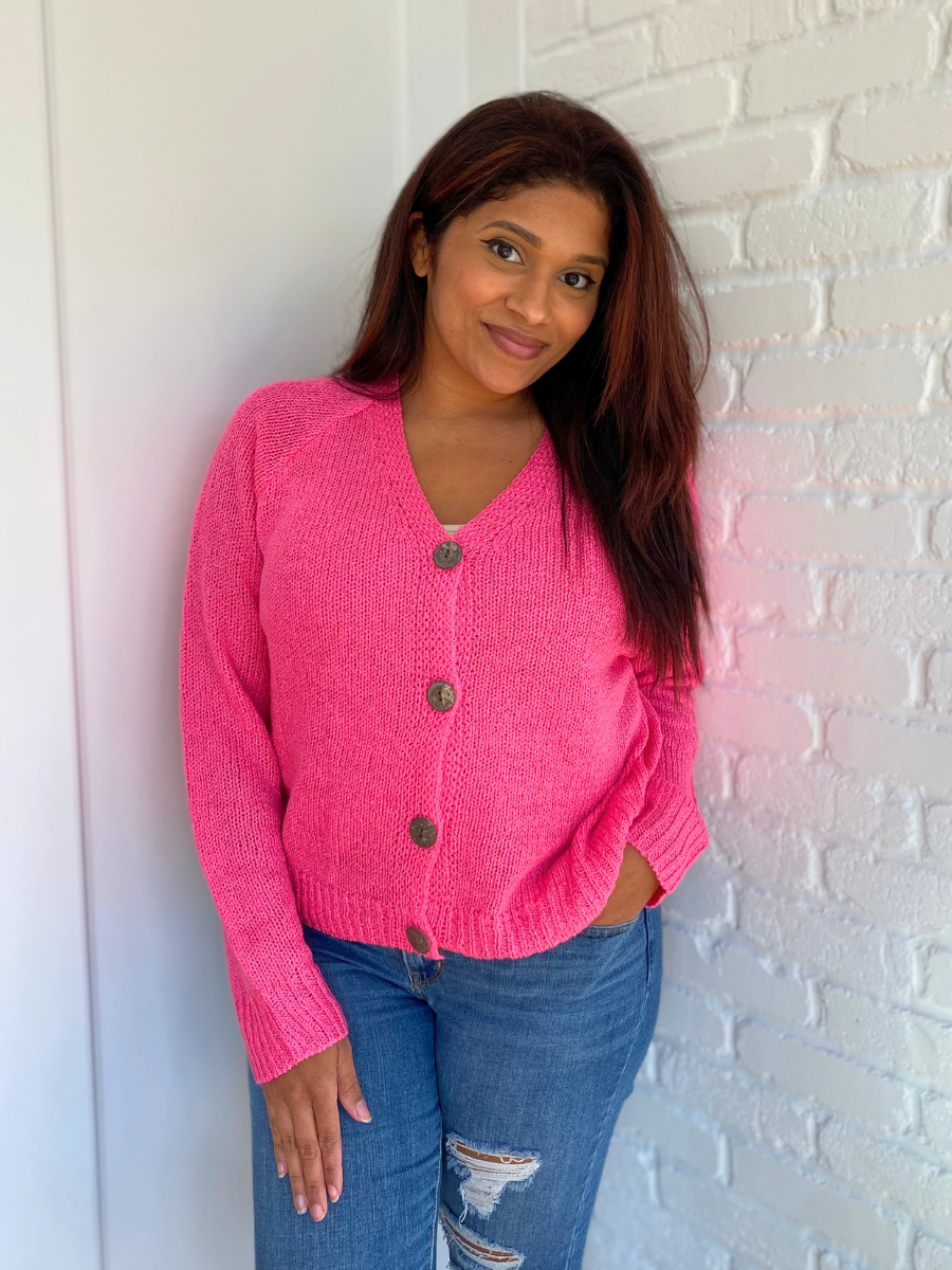 Hot Pink Lightweight Knit Button Down Sweater Cardigan