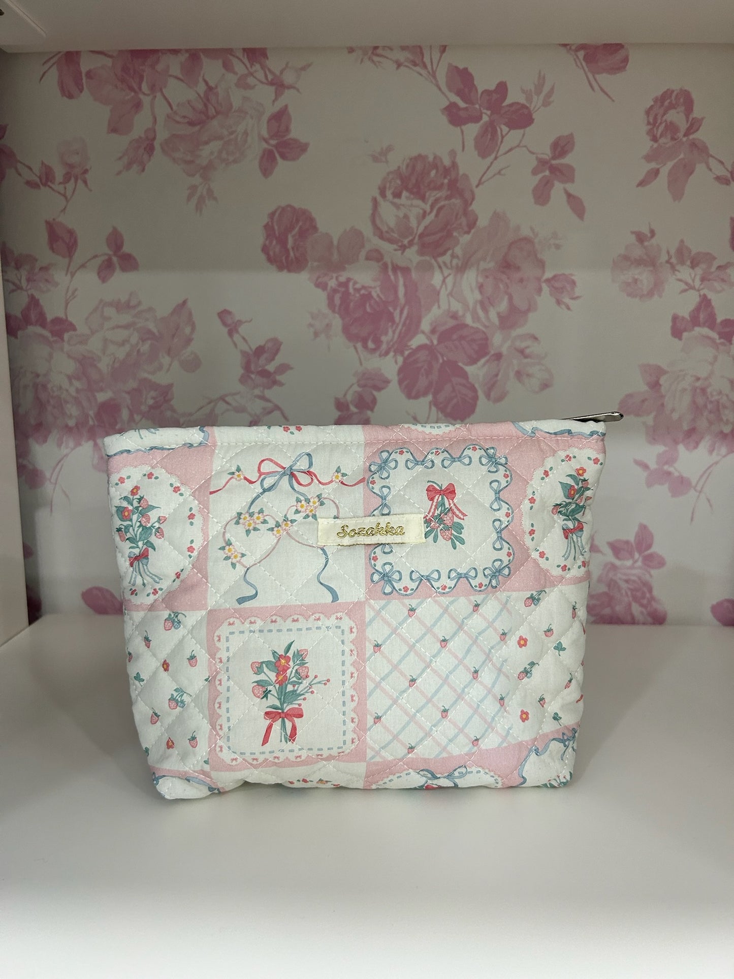 Patch Quilted Pink Makeup Bag