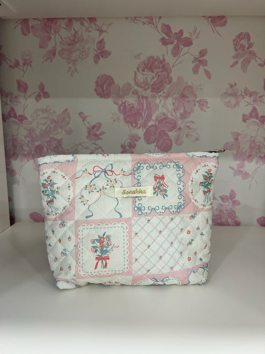 Patch Quilted Pink Makeup Bag