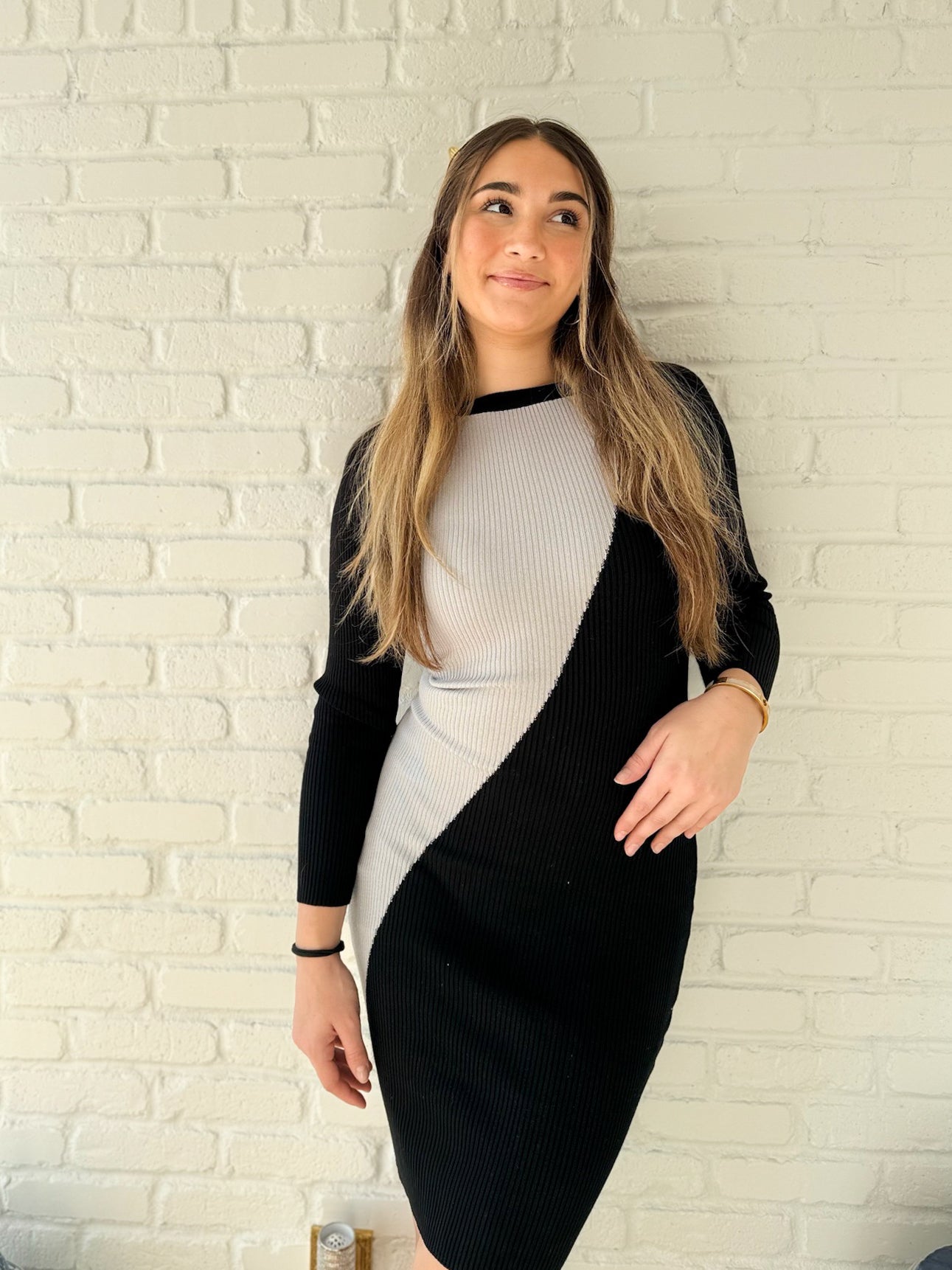 Black and Grey Boatneck Ribbed Sweater Dress