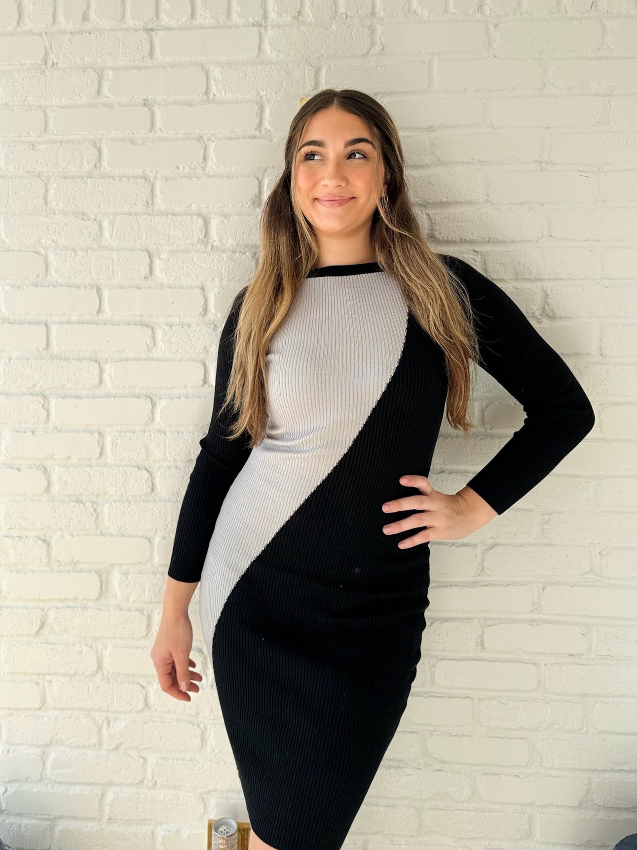 Black and Grey Boatneck Ribbed Sweater Dress