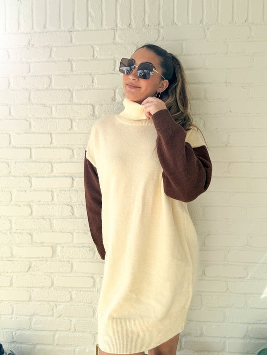 Cream and Brown Turtleneck Sweater Dress