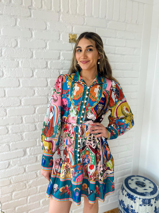 Psychedelic Colorful Print Long Sleeve Mini Dress