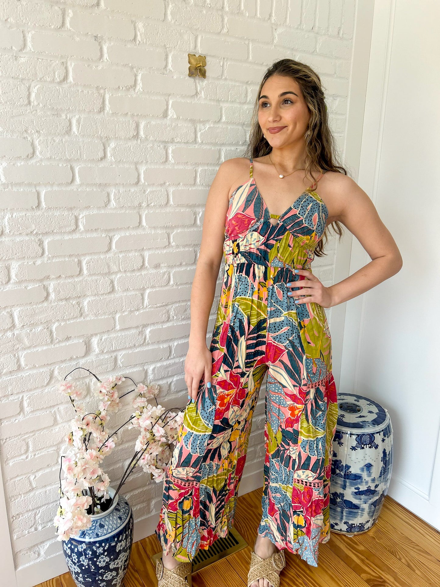 Colorful Tropical Strappy Wide Leg Jumpsuit