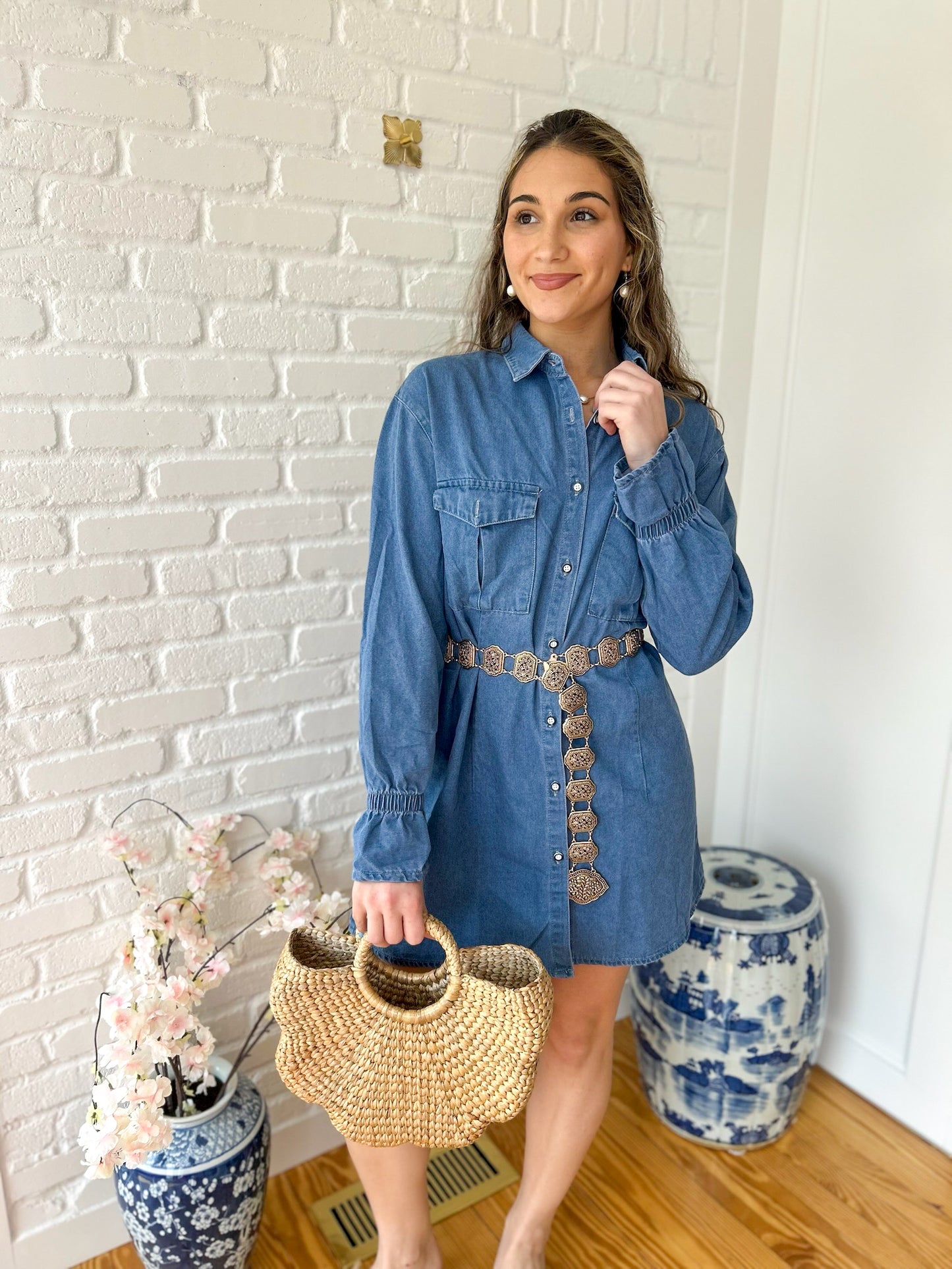 Medium Wash Long Sleeve Denim Mini Dress