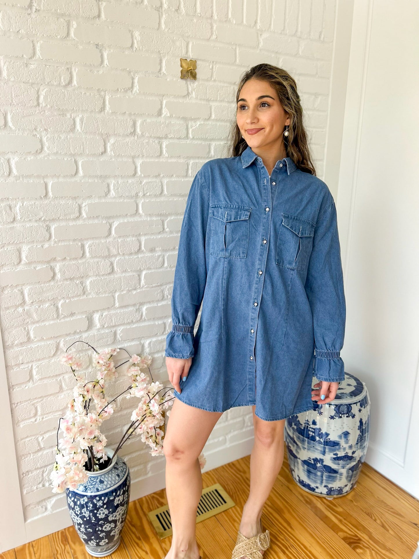 Medium Wash Long Sleeve Denim Mini Dress