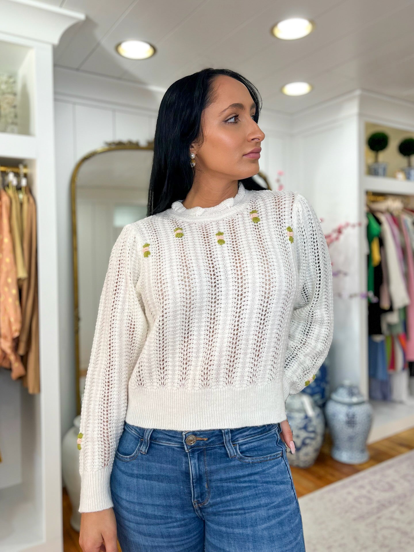 Emiliana White Floral Embroidered Pointelle Sweater
