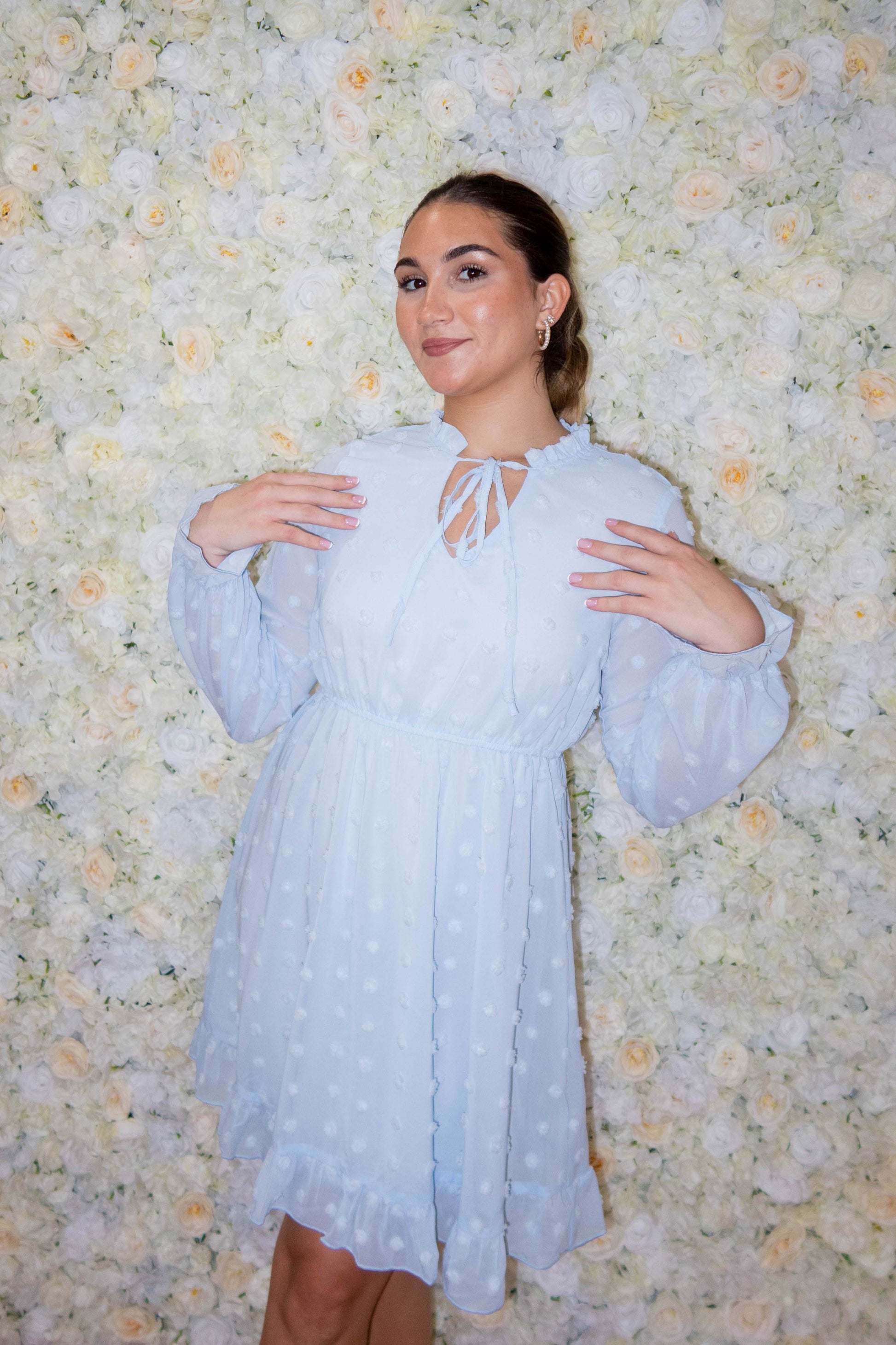 swiss dot long sleeve dress White Long Sleeve Square Neck Swiss Dots Midi Dress