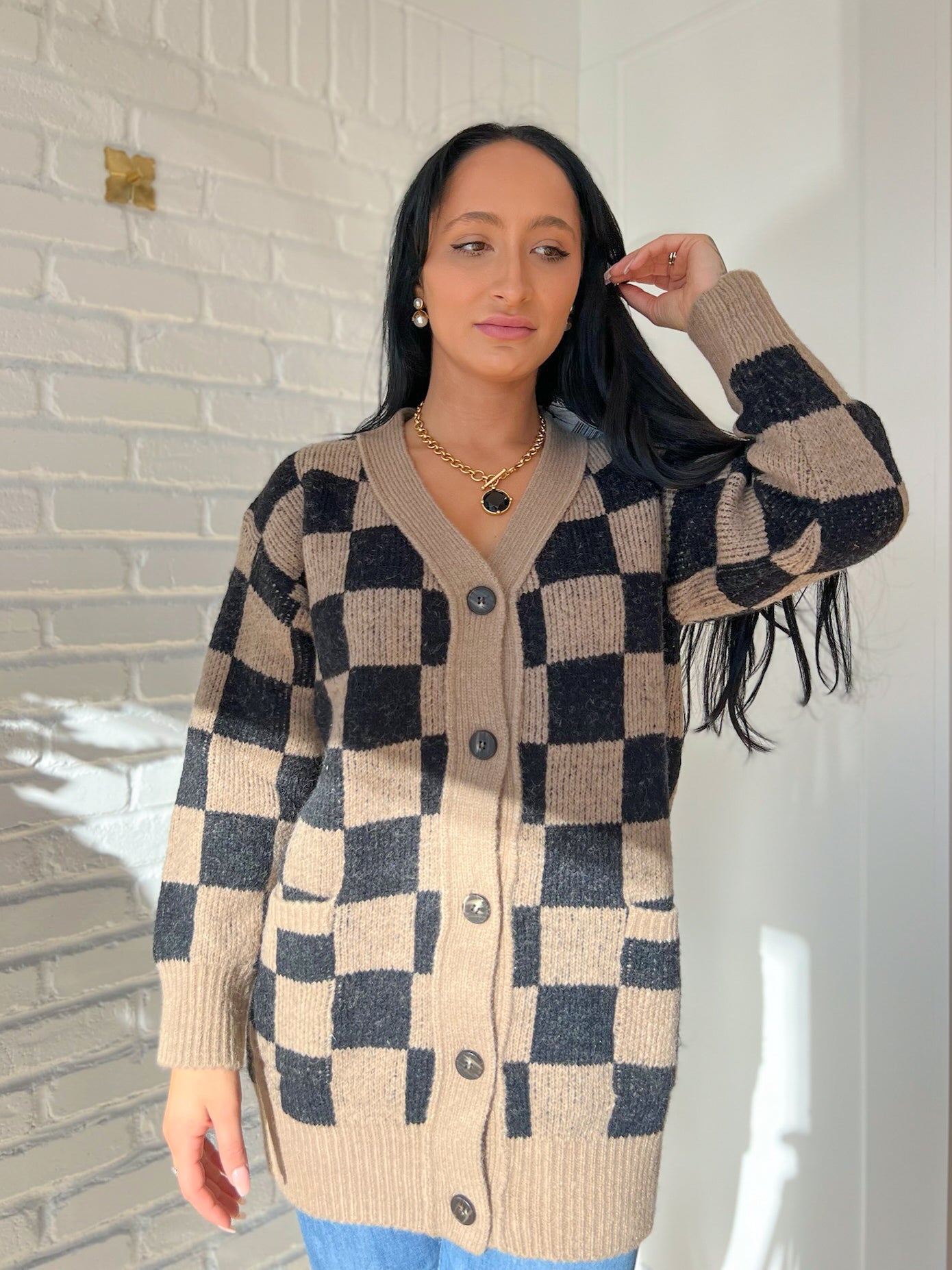 Brown Checkered Sweater Cardigan