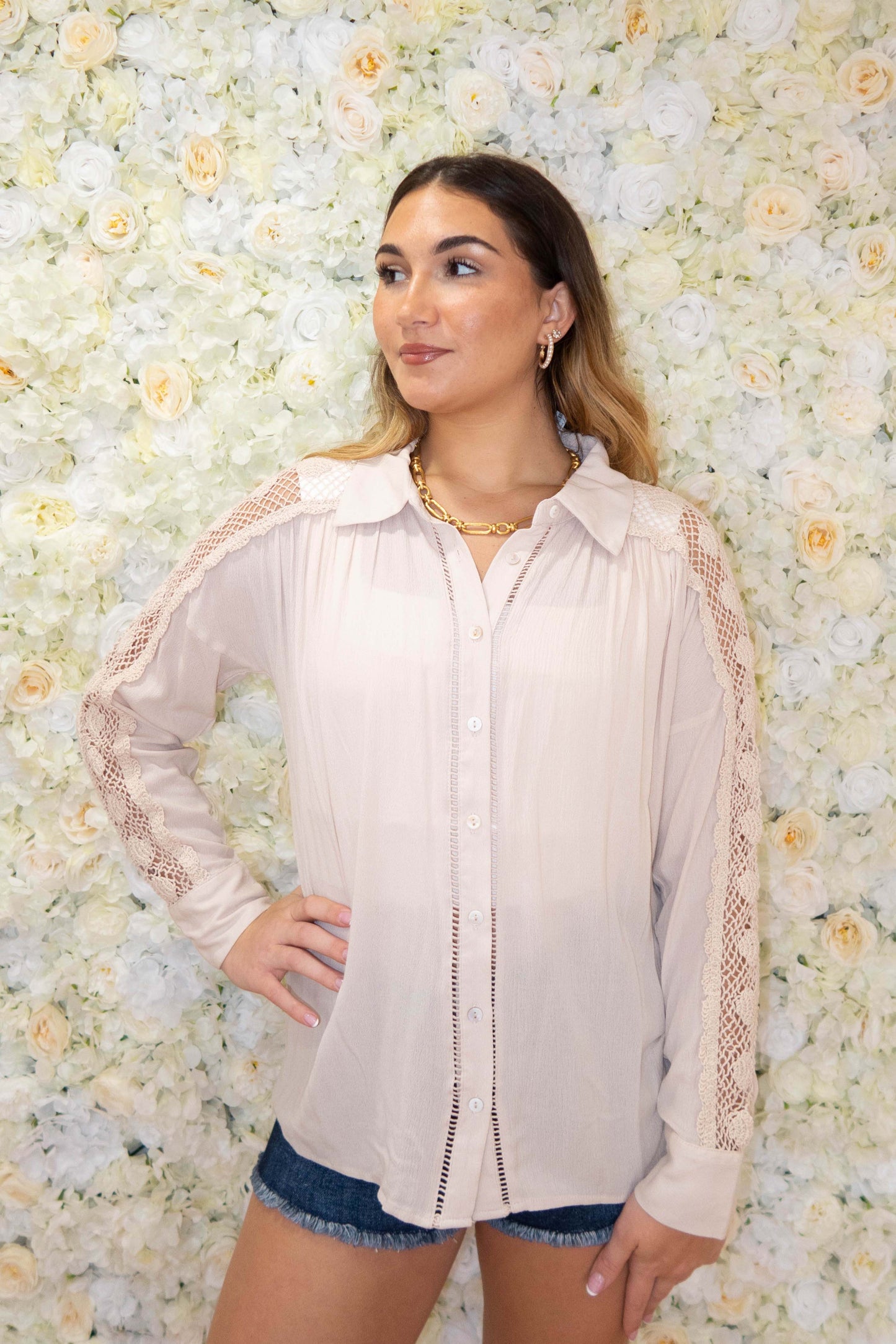 Sheer Beige Button Up Lace Sleeve Top