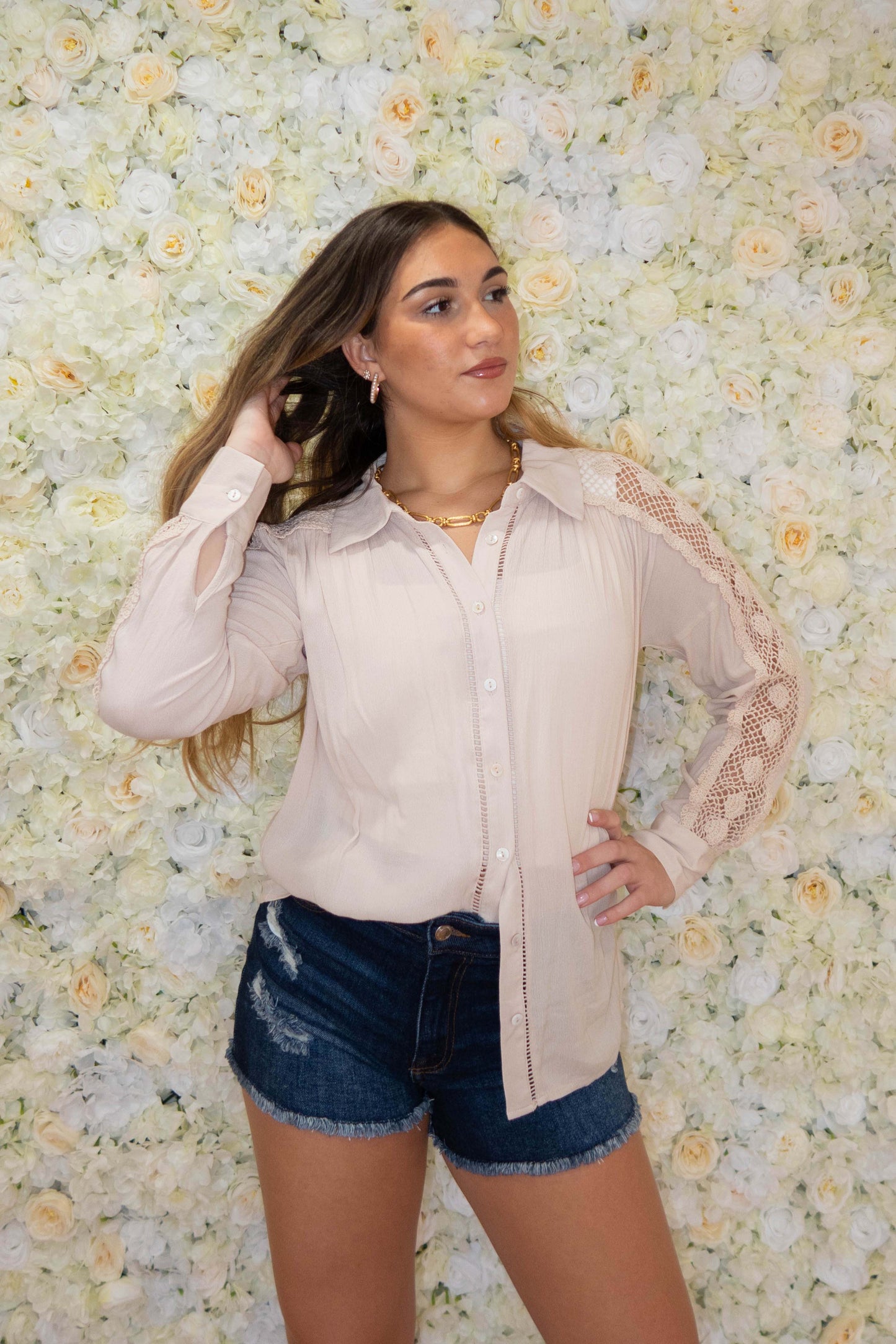 Sheer Beige Button Up Lace Sleeve Top