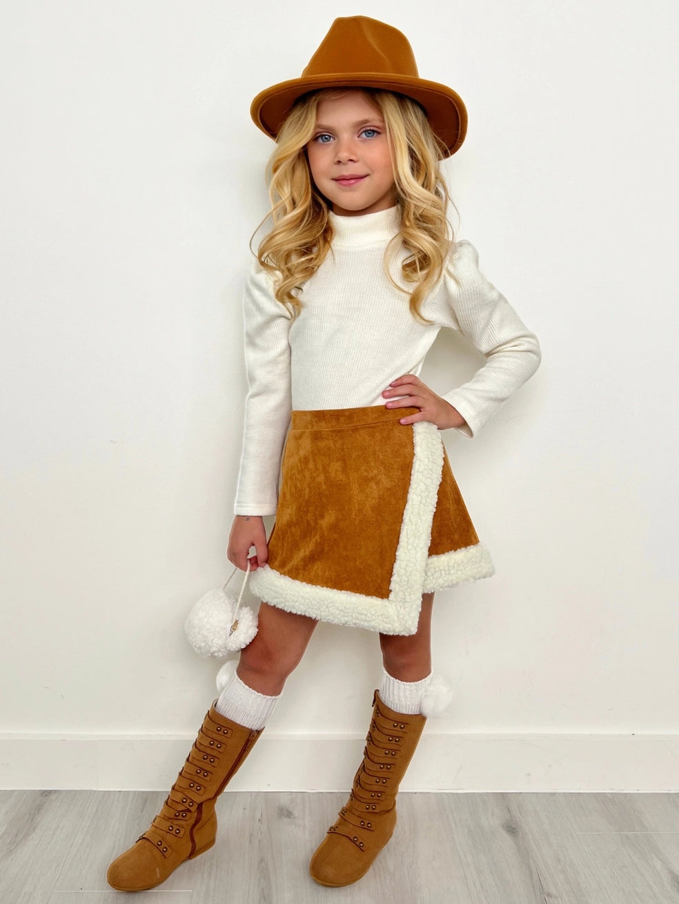 Ivory Turtleneck Top and Brown Skort Set